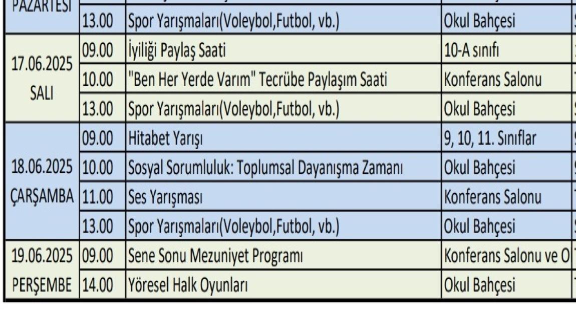 DÖNEM SONU FAALİYET HAFTASI ETKİNLİK TAKVİMİ